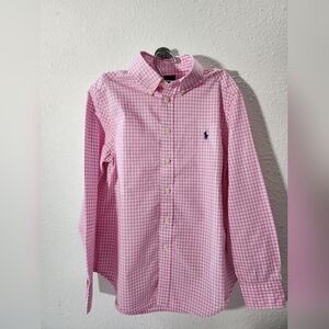Ralph Lauren Boys Oxford Button Shirt Pink Gingham Logo Long Sleeve Size 10-12